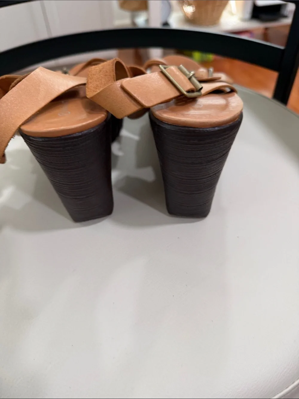 Rockport Tan Leather Wedge Sandals with Black Platform Shoes